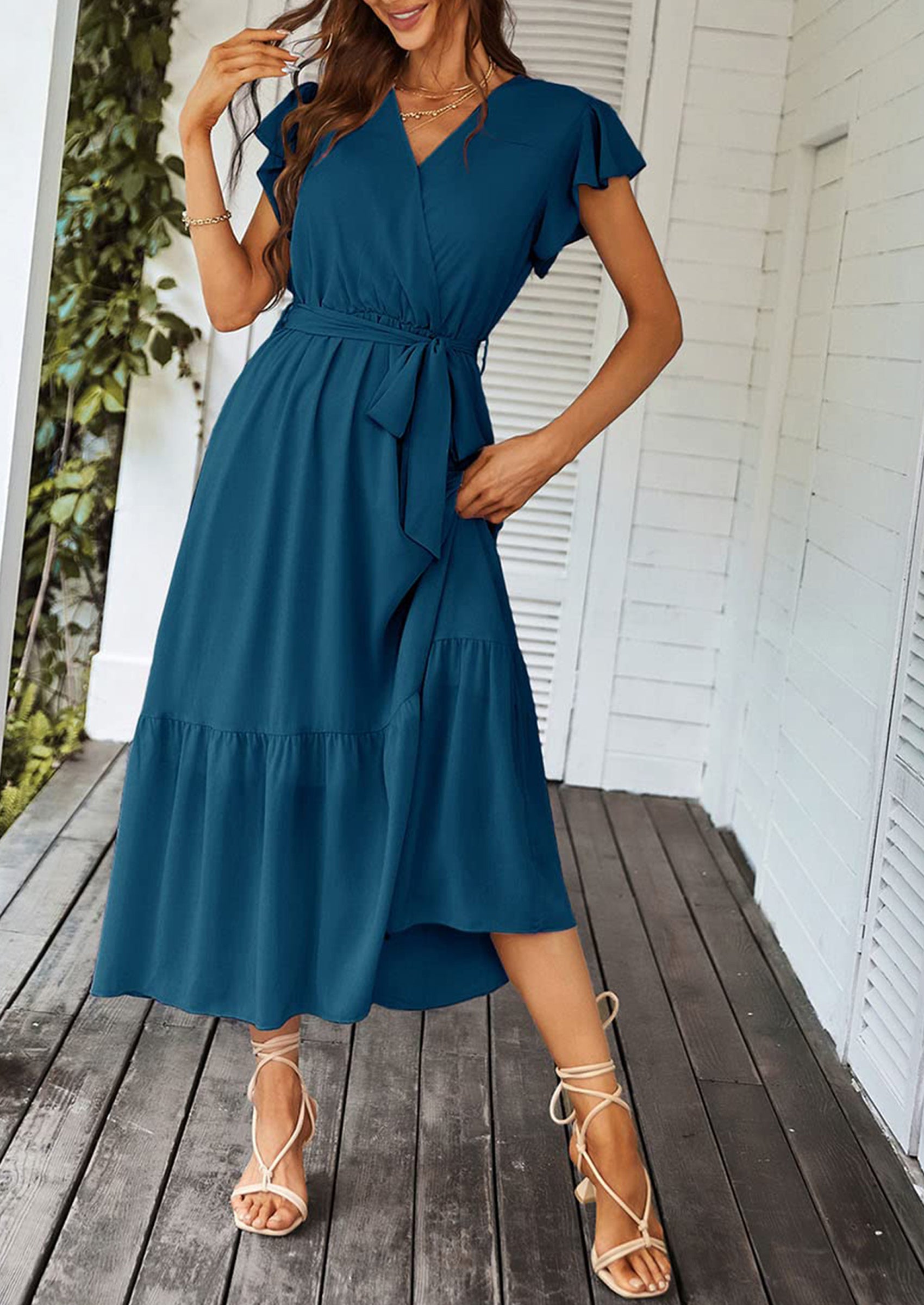 PRETTYGARDEN Women's Summer Floral Boho Maxi Dress Wrap Short Sleeve V Neck Ruffle A-Line Flowy Wedding Guest Long Dresses