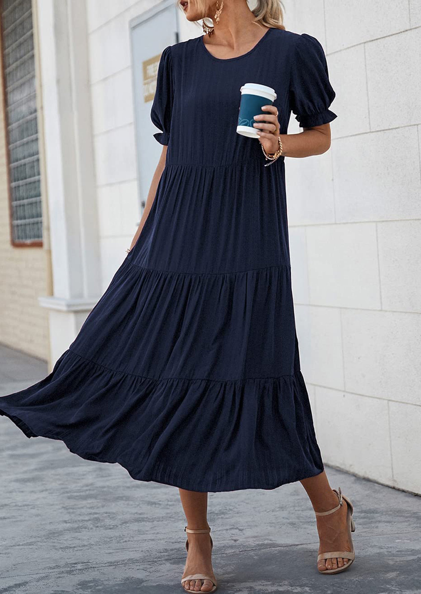 PRETTYGARDEN Women's Summer Casual Floral Boho Dress Puff Short Sleeve Ruffle Flowy Beach Party Midi Dresses