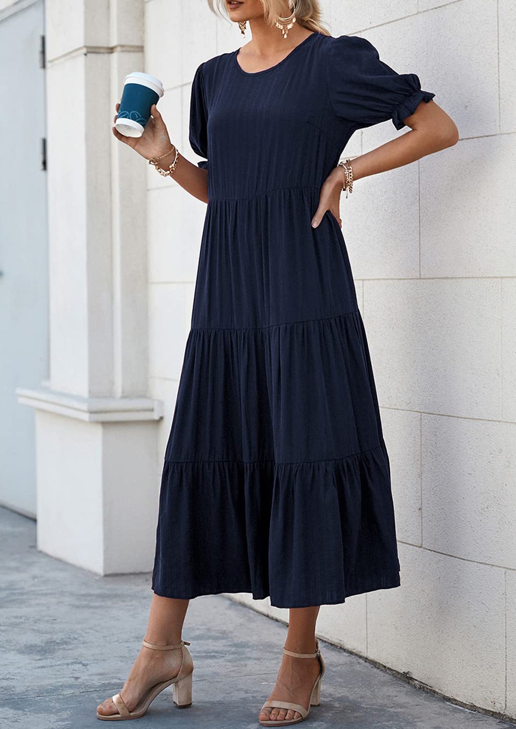 PRETTYGARDEN Women's Summer Casual Floral Boho Dress Puff Short Sleeve Ruffle Flowy Beach Party Midi Dresses