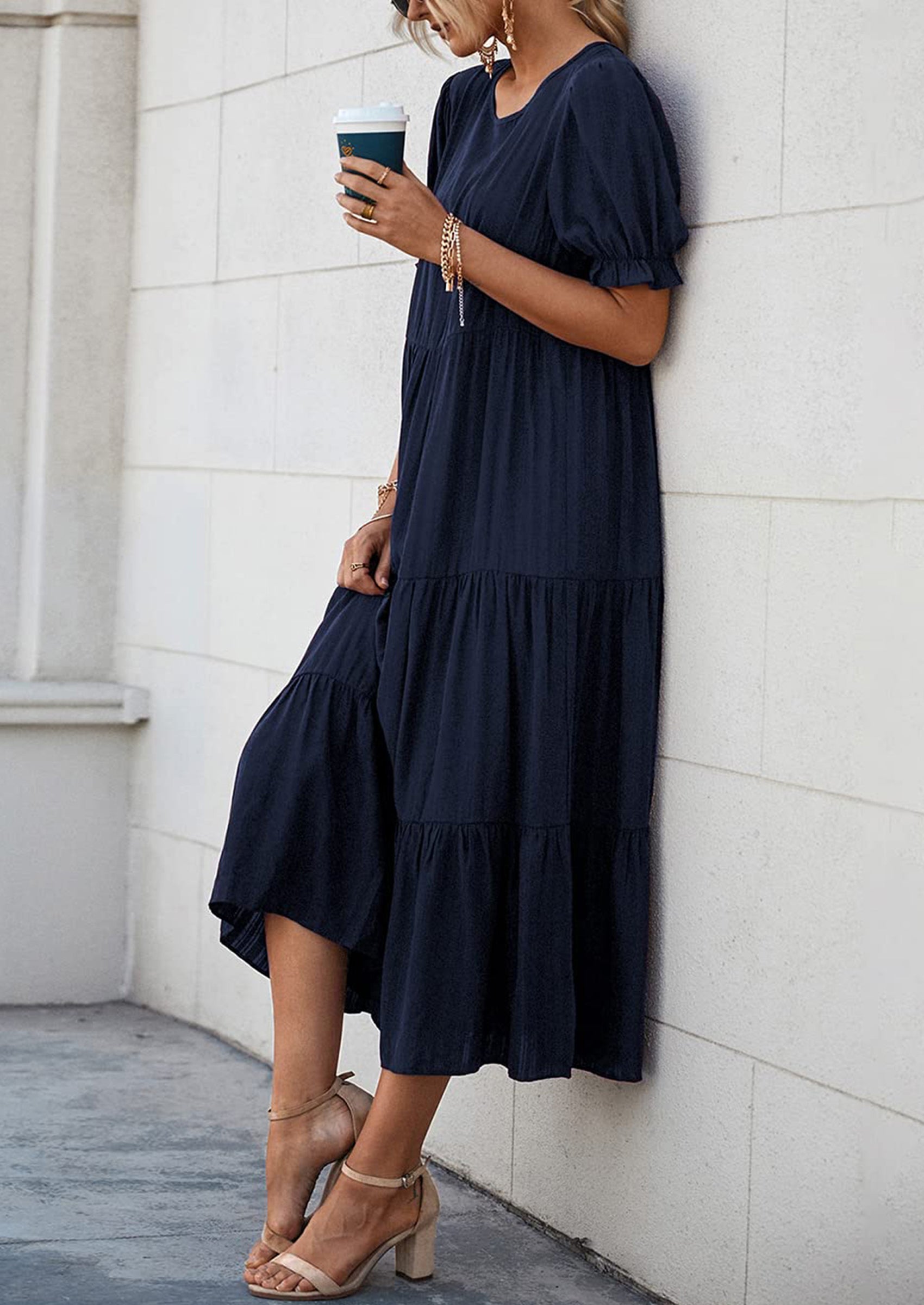 PRETTYGARDEN Women's Summer Casual Floral Boho Dress Puff Short Sleeve Ruffle Flowy Beach Party Midi Dresses