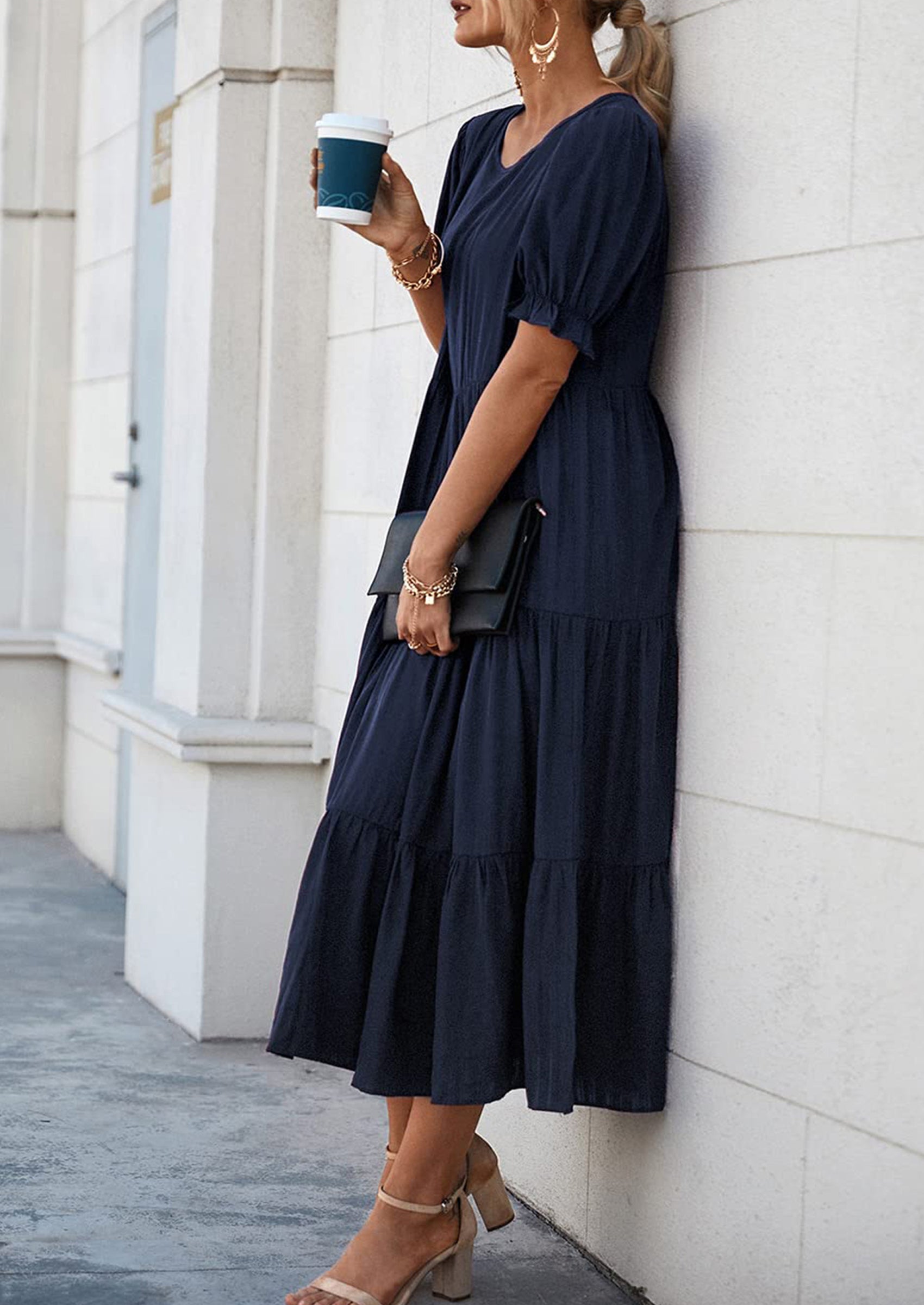 PRETTYGARDEN Women's Summer Casual Floral Boho Dress Puff Short Sleeve Ruffle Flowy Beach Party Midi Dresses