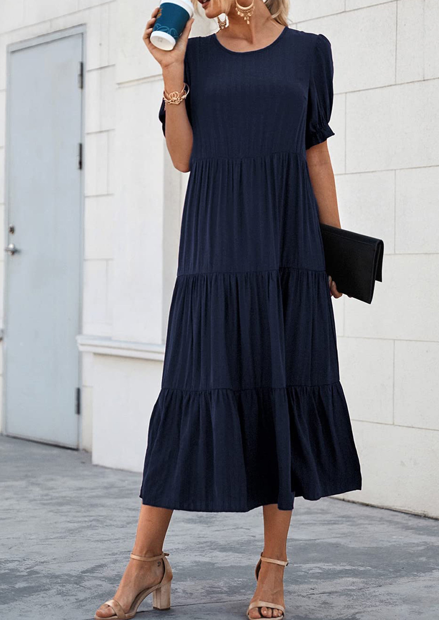 PRETTYGARDEN Women's Summer Casual Floral Boho Dress Puff Short Sleeve Ruffle Flowy Beach Party Midi Dresses