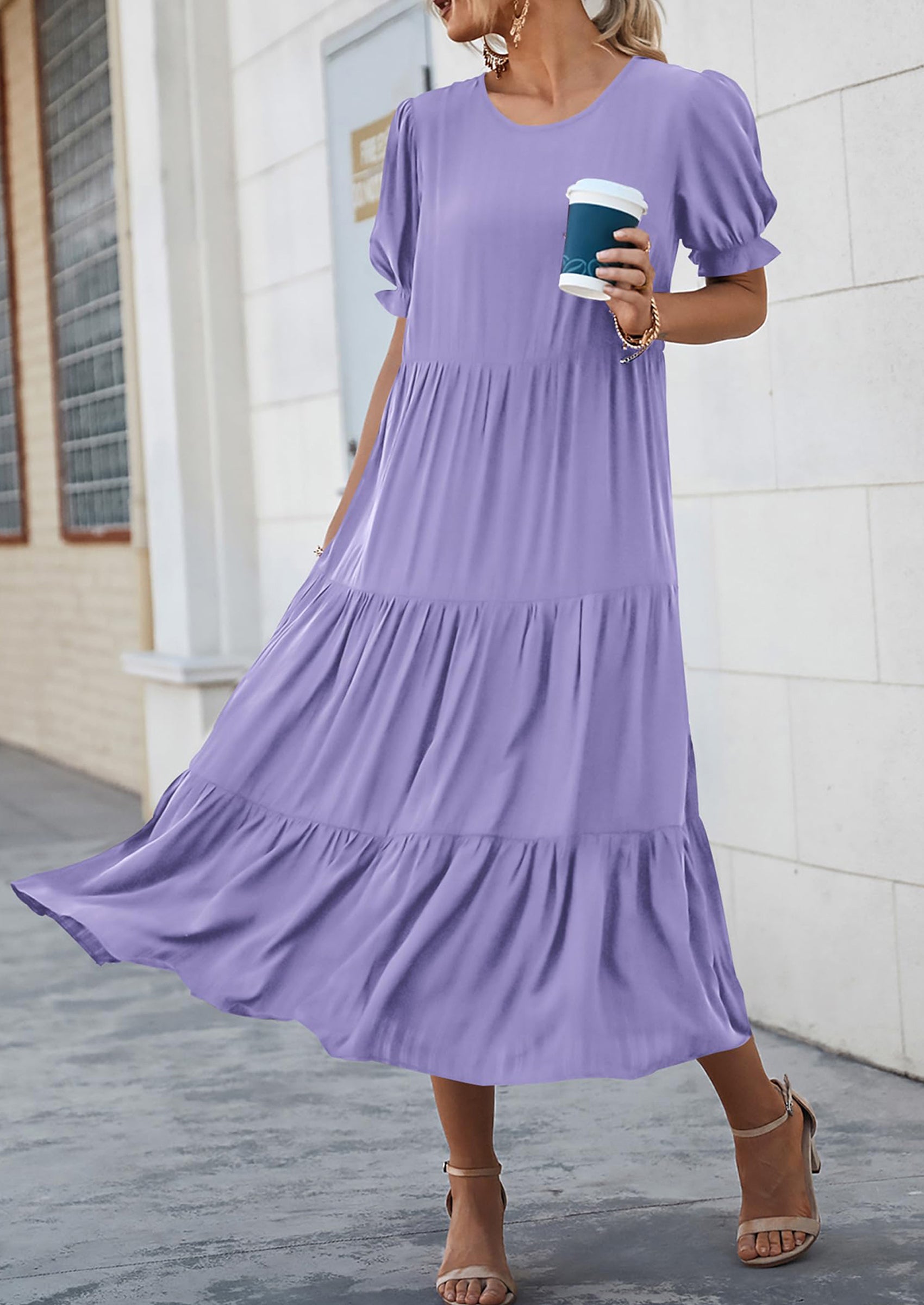 PRETTYGARDEN Women's Summer Casual Floral Boho Dress Puff Short Sleeve Ruffle Flowy Beach Party Midi Dresses