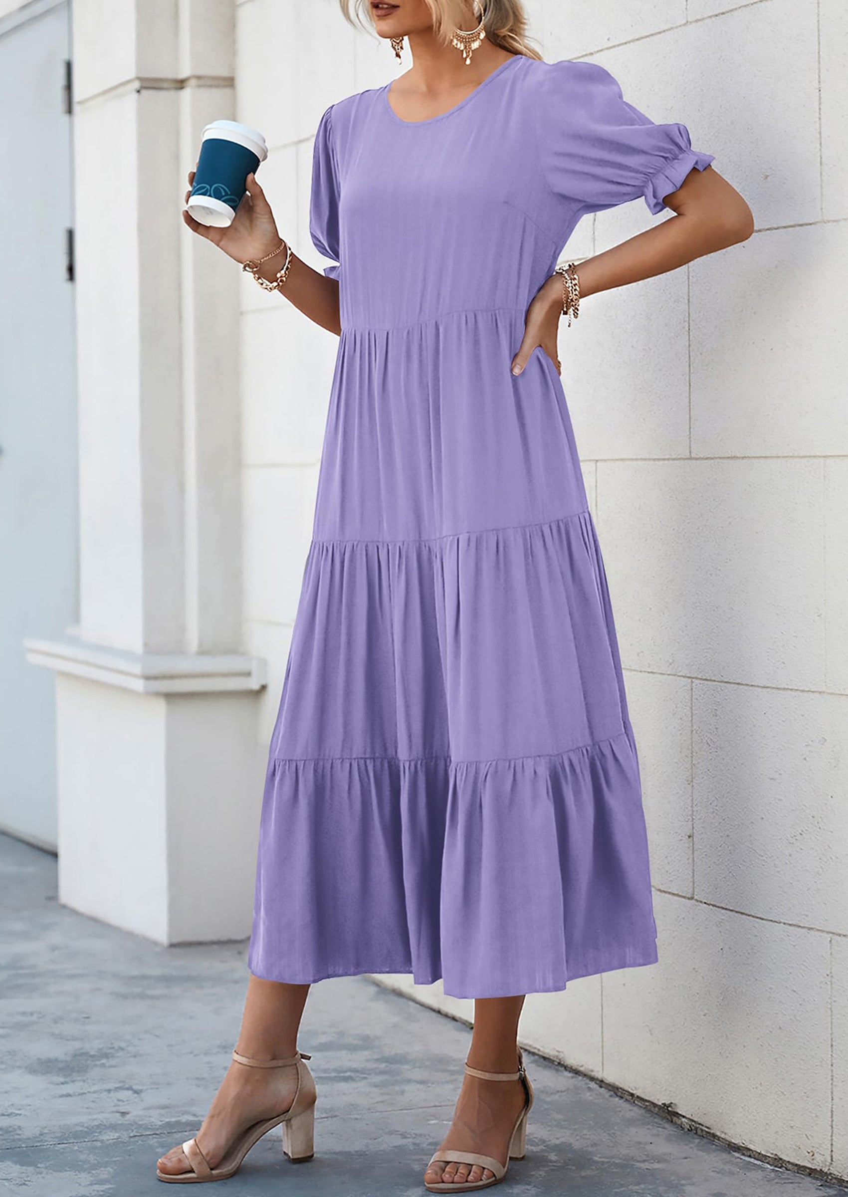 PRETTYGARDEN Women's Summer Casual Floral Boho Dress Puff Short Sleeve Ruffle Flowy Beach Party Midi Dresses