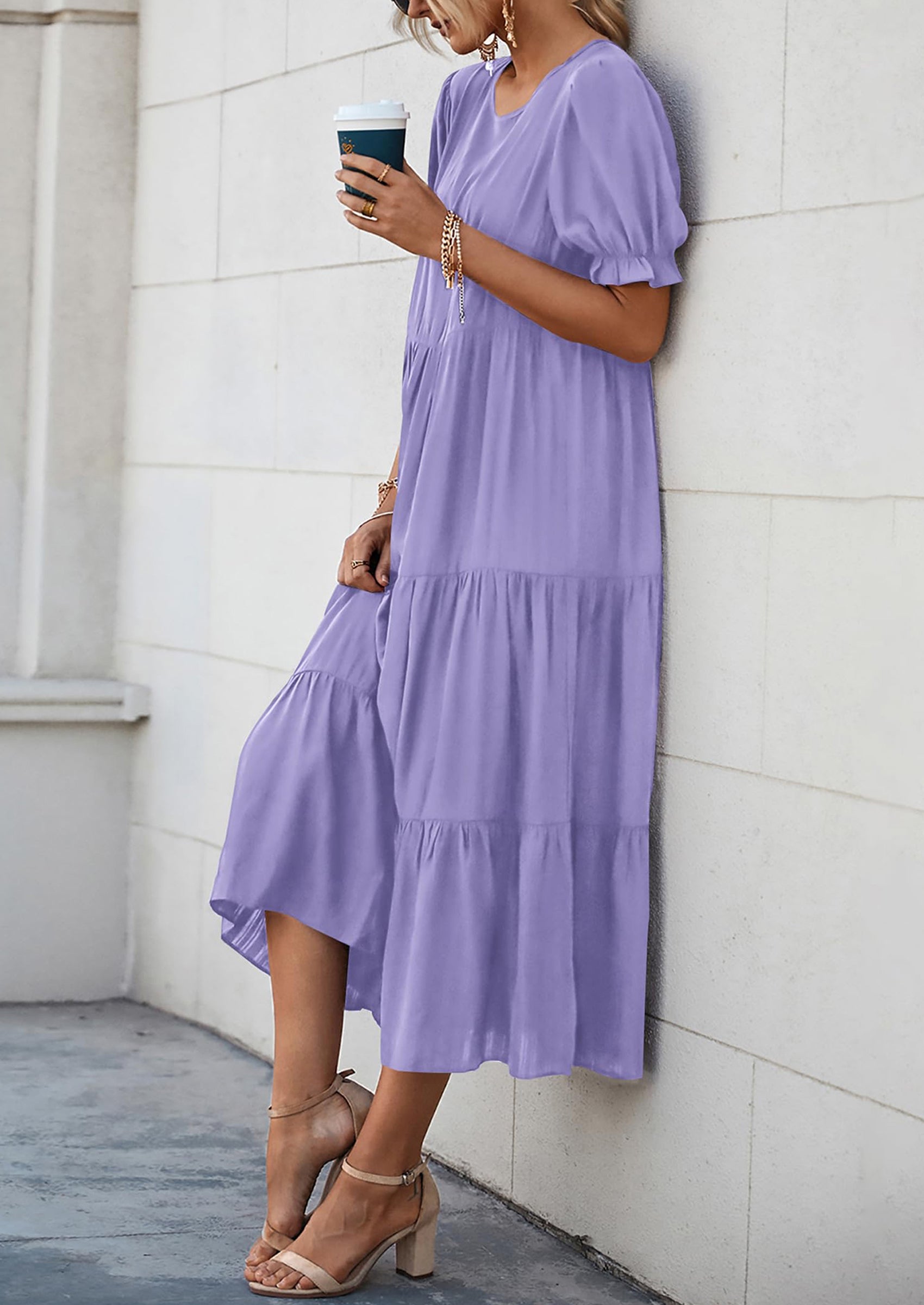 PRETTYGARDEN Women's Summer Casual Floral Boho Dress Puff Short Sleeve Ruffle Flowy Beach Party Midi Dresses