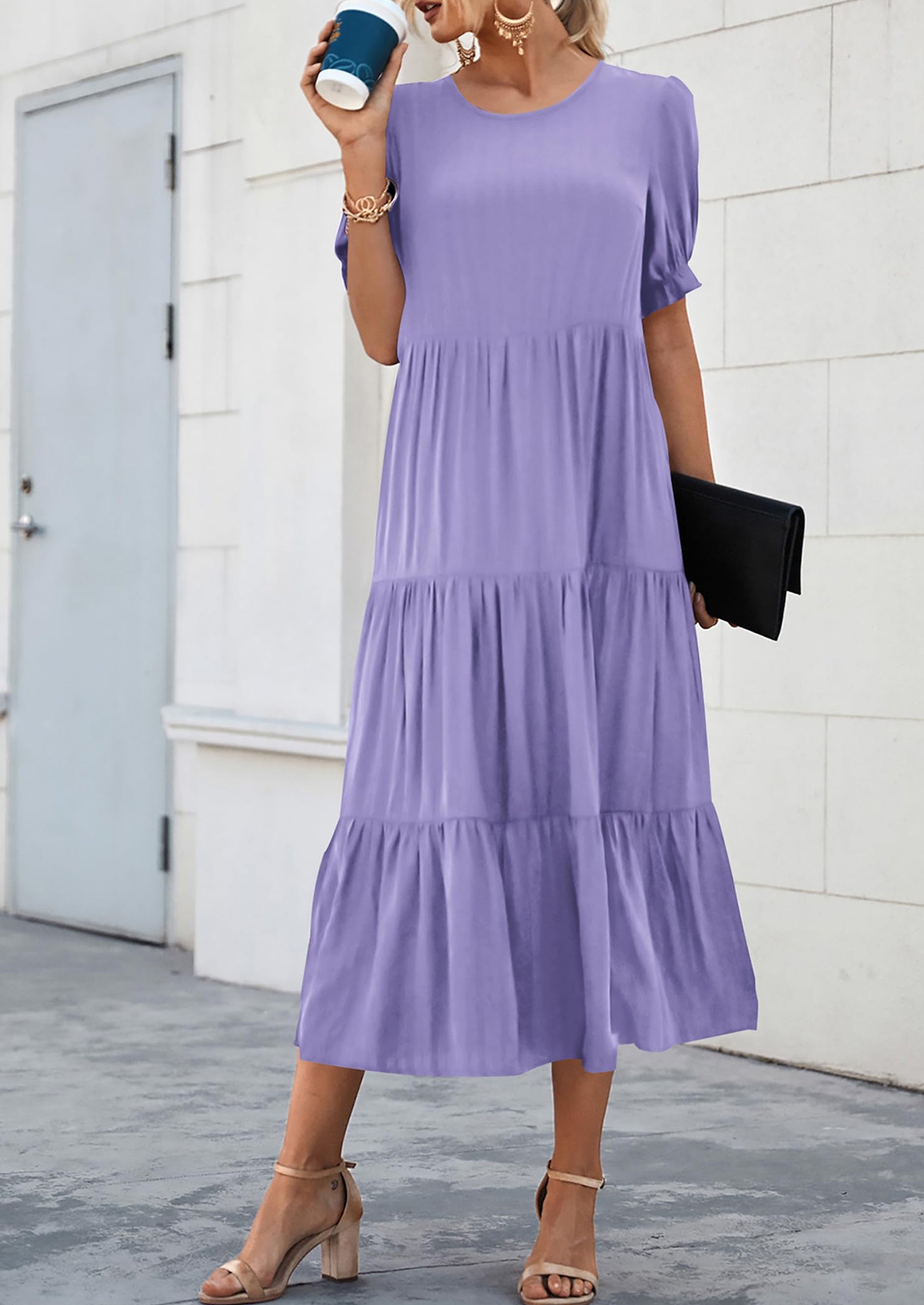 PRETTYGARDEN Women's Summer Casual Floral Boho Dress Puff Short Sleeve Ruffle Flowy Beach Party Midi Dresses