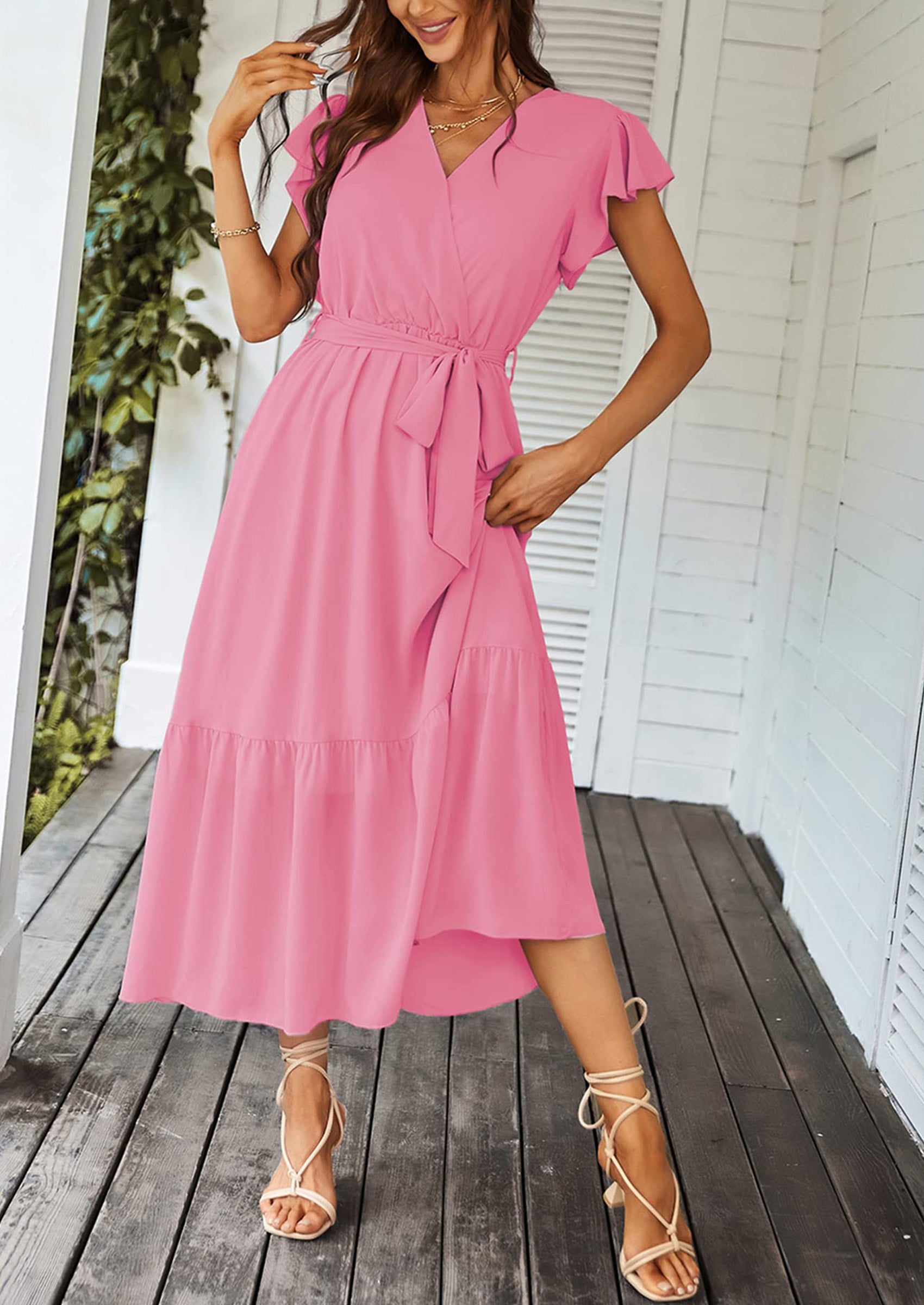 PRETTYGARDEN Women's Summer Floral Boho Maxi Dress Wrap Short Sleeve V Neck Ruffle A-Line Flowy Wedding Guest Long Dresses