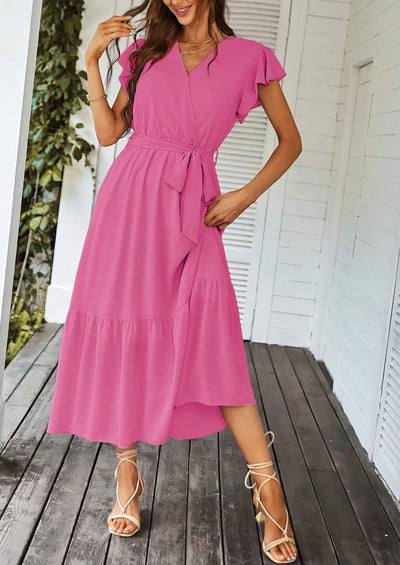 PRETTYGARDEN Women's Summer Floral Boho Maxi Dress Wrap Short Sleeve V Neck Ruffle A-Line Flowy Wedding Guest Long Dresses