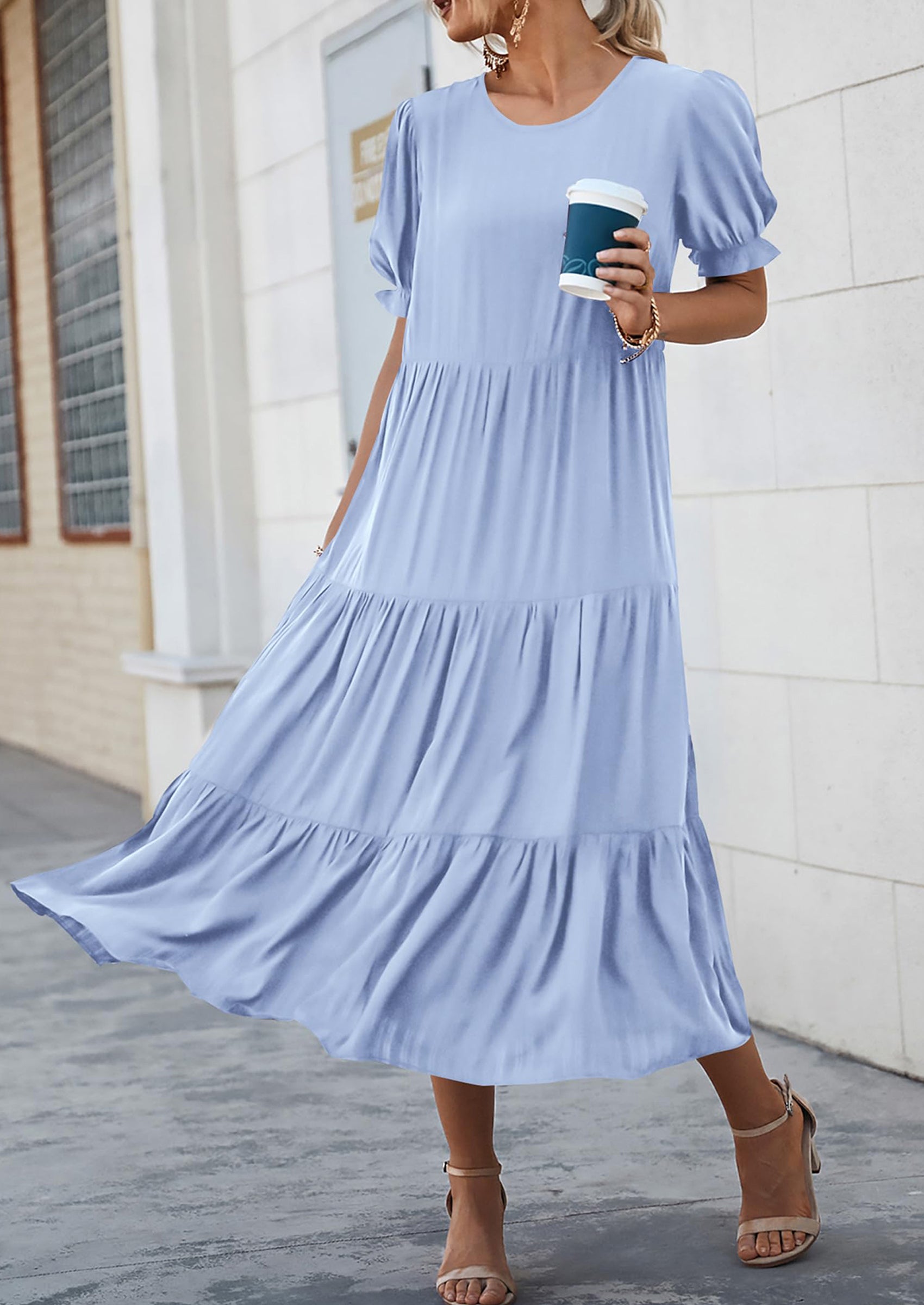 PRETTYGARDEN Women's Summer Casual Floral Boho Dress Puff Short Sleeve Ruffle Flowy Beach Party Midi Dresses