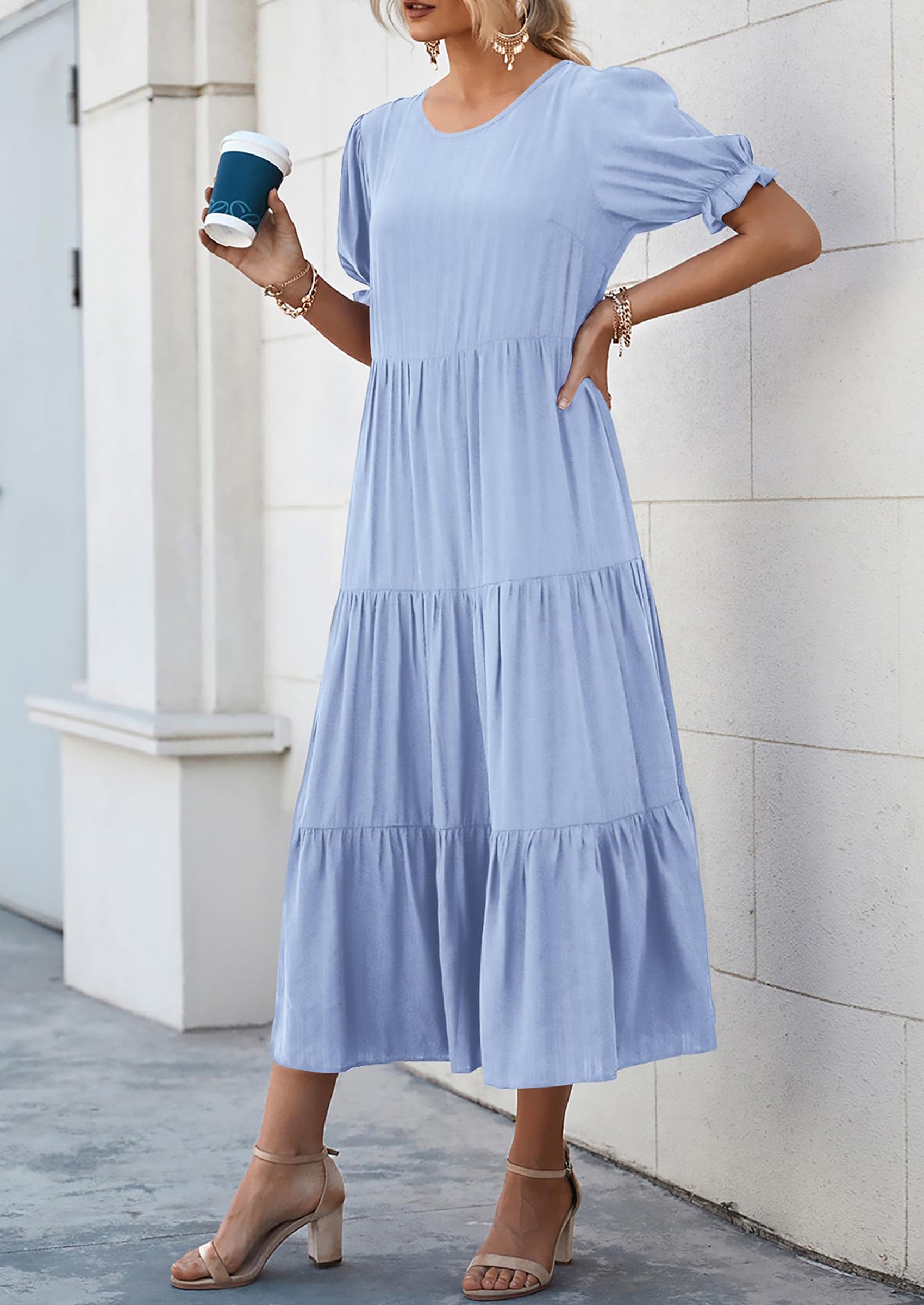 PRETTYGARDEN Women's Summer Casual Floral Boho Dress Puff Short Sleeve Ruffle Flowy Beach Party Midi Dresses