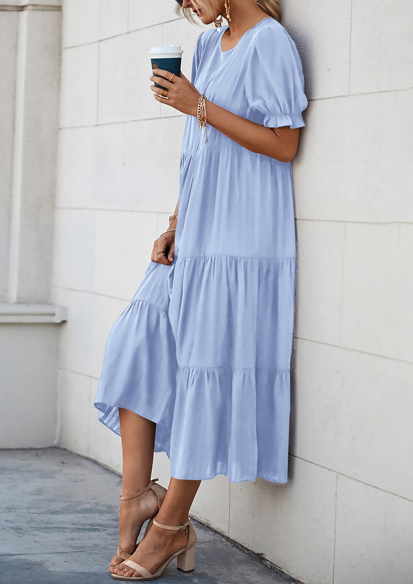 PRETTYGARDEN Women's Summer Casual Floral Boho Dress Puff Short Sleeve Ruffle Flowy Beach Party Midi Dresses