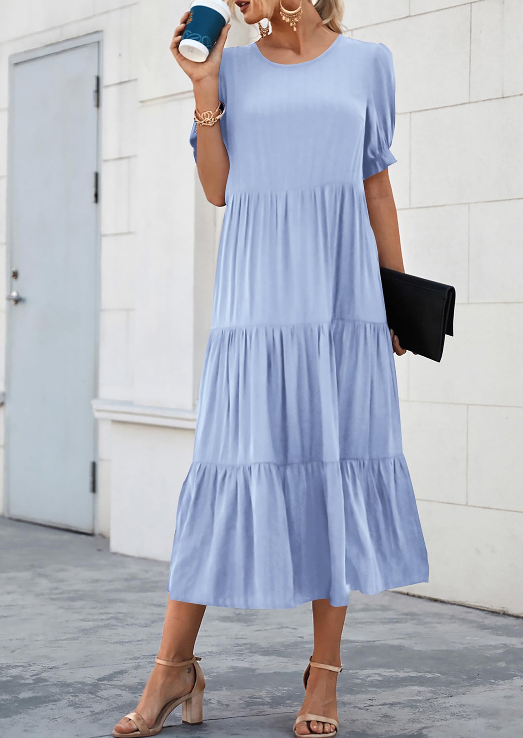 PRETTYGARDEN Women's Summer Casual Floral Boho Dress Puff Short Sleeve Ruffle Flowy Beach Party Midi Dresses