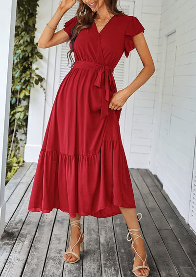 PRETTYGARDEN Women's Summer Floral Boho Maxi Dress Wrap Short Sleeve V Neck Ruffle A-Line Flowy Wedding Guest Long Dresses