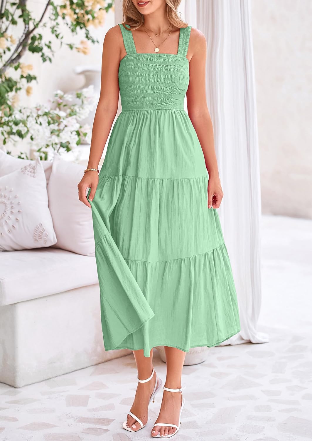 Womens Smocked Summer  Ruffle A Line Long Flowy Dresses Cute Sleeveless Beach Sundress Midi Dress