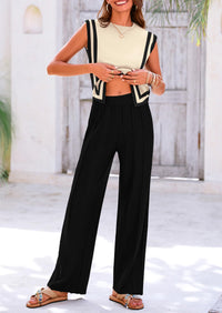 Pullover Tops And Wide Leg Pants Casual Two Piece Sets