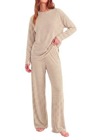 PRETTYGARDEN Womens Striped Lounge Set Fall Winter 2 Piece Sets | Side Slit Long Sleeve T-Shirts & Wide Leg Pants, Matching Pajama Sets, Comfy Pj Set, Loungewear with Pockets, Fashion Clothes