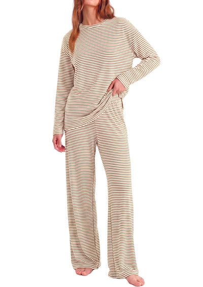 PRETTYGARDEN Womens Striped Lounge Set Fall Winter 2 Piece Sets | Side Slit Long Sleeve T-Shirts & Wide Leg Pants, Matching Pajama Sets, Comfy Pj Set, Loungewear with Pockets, Fashion Clothes