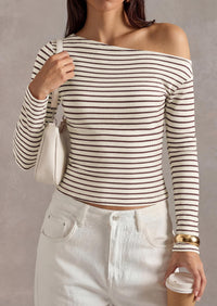 PRETTYGARDEN Womens Tops Fall Off The Shoulder Long Sleeve Shirts Striped Fitted Y2K T-Shirt Going Out Crop Top
