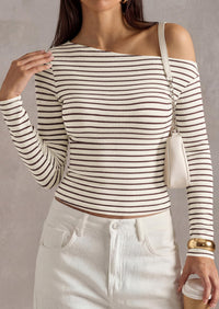 PRETTYGARDEN Womens Tops Fall Off The Shoulder Long Sleeve Shirts Striped Fitted Y2K T-Shirt Going Out Crop Top
