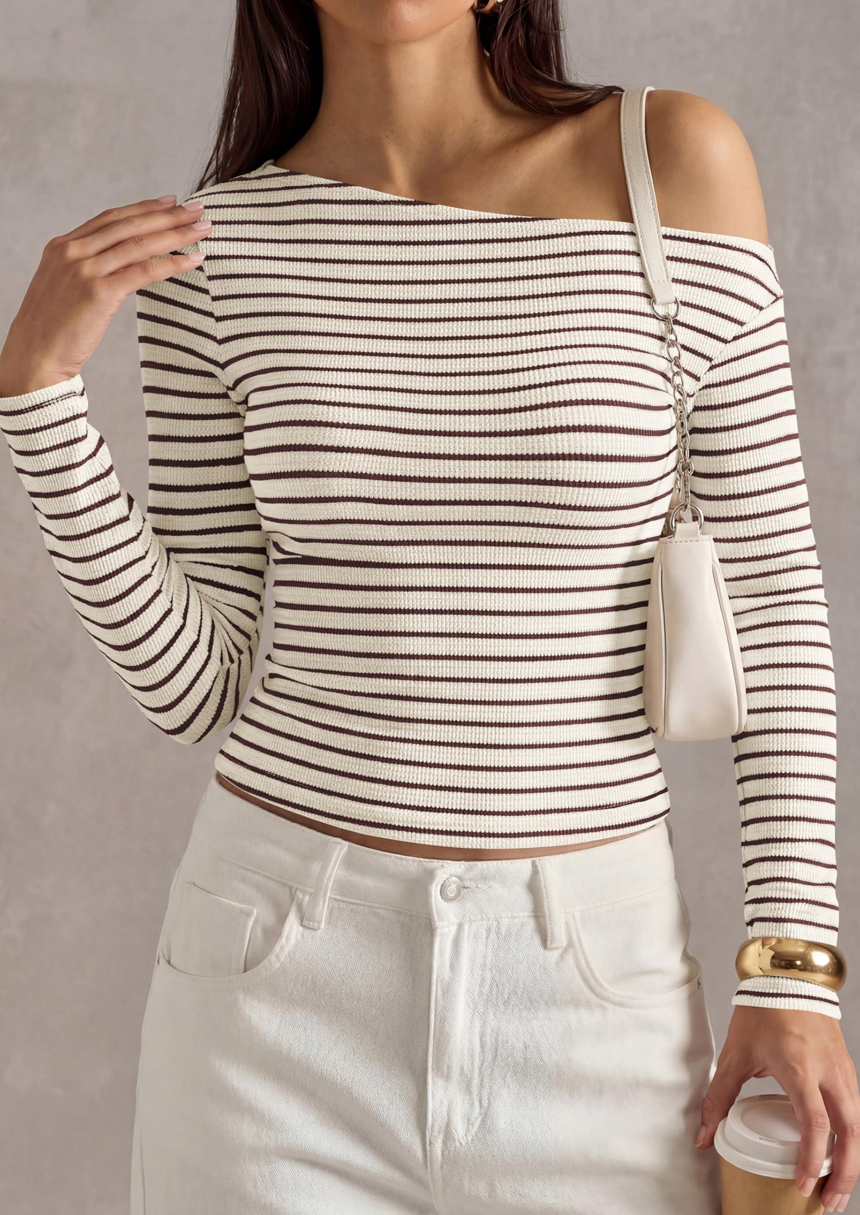 PRETTYGARDEN Womens Tops Fall Off The Shoulder Long Sleeve Shirts Striped Fitted Y2K T-Shirt Going Out Crop Top