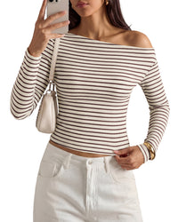 PRETTYGARDEN Womens Tops 2026 Fall Off The Shoulder Long Sleeve Shirts Striped Fitted Y2K T-Shirt Going Out Crop Top