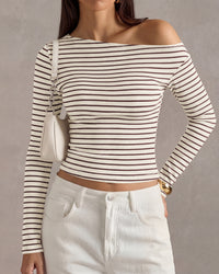 PRETTYGARDEN Womens Tops 2026 Fall Off The Shoulder Long Sleeve Shirts Striped Fitted Y2K T-Shirt Going Out Crop Top