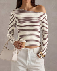 PRETTYGARDEN Womens Tops 2026 Fall Off The Shoulder Long Sleeve Shirts Striped Fitted Y2K T-Shirt Going Out Crop Top