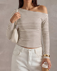 PRETTYGARDEN Womens Tops 2026 Fall Off The Shoulder Long Sleeve Shirts Striped Fitted Y2K T-Shirt Going Out Crop Top