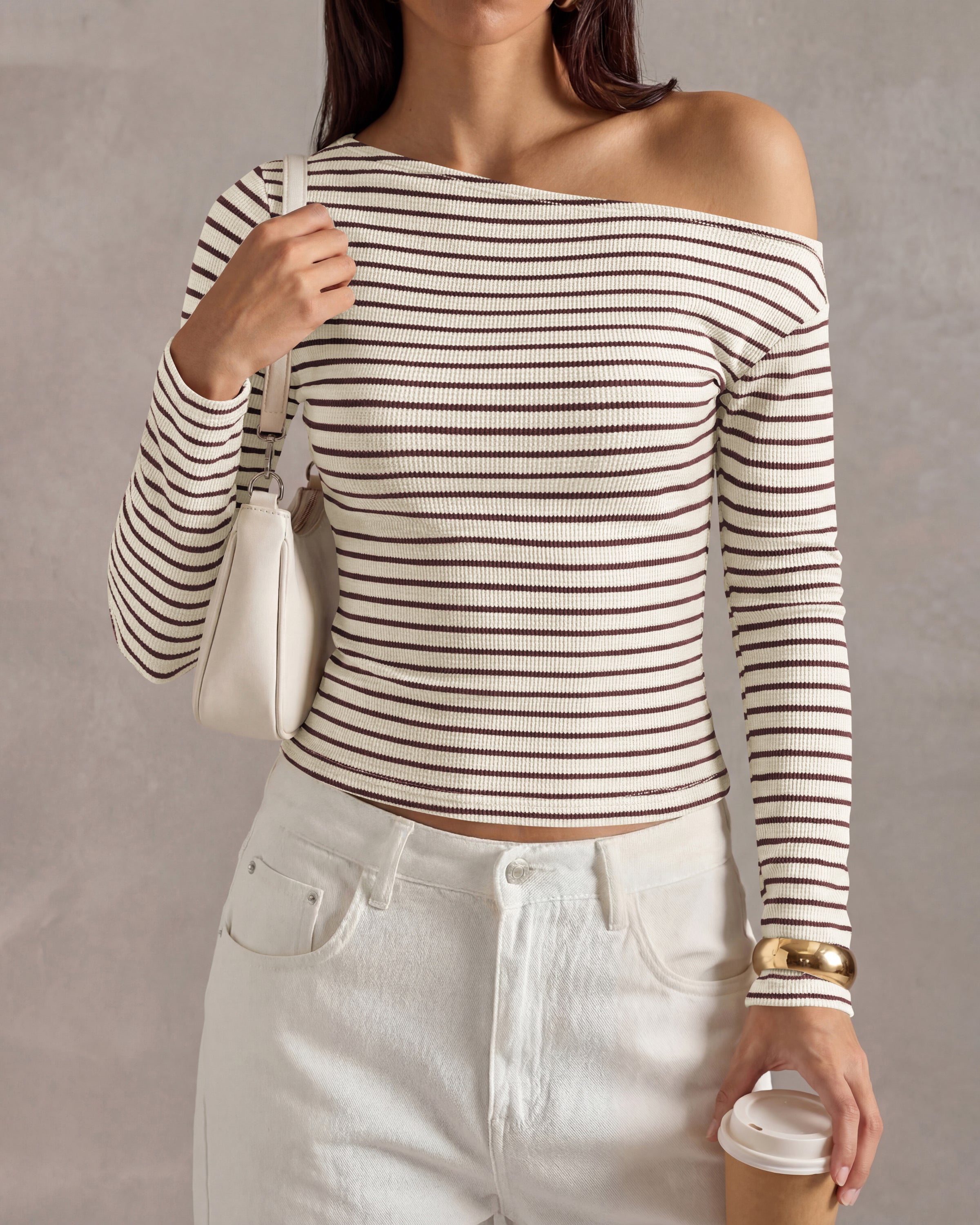 PRETTYGARDEN Womens Tops 2026 Fall Off The Shoulder Long Sleeve Shirts Striped Fitted Y2K T-Shirt Going Out Crop Top