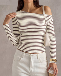 PRETTYGARDEN Womens Tops 2026 Fall Off The Shoulder Long Sleeve Shirts Striped Fitted Y2K T-Shirt Going Out Crop Top