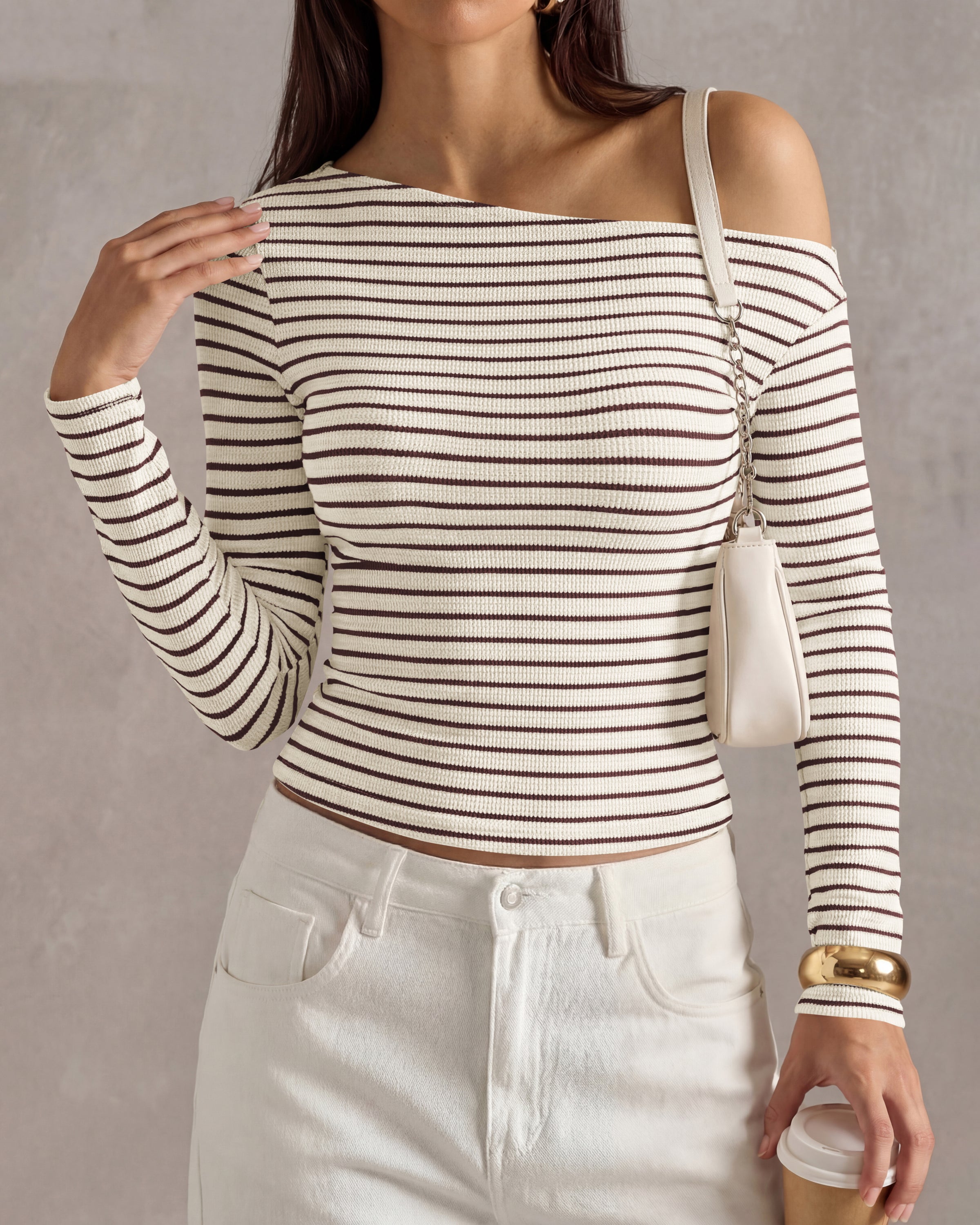 PRETTYGARDEN Womens Tops 2026 Fall Off The Shoulder Long Sleeve Shirts Striped Fitted Y2K T-Shirt Going Out Crop Top