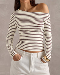 PRETTYGARDEN Womens Tops 2026 Fall Off The Shoulder Long Sleeve Shirts Striped Fitted Y2K T-Shirt Going Out Crop Top