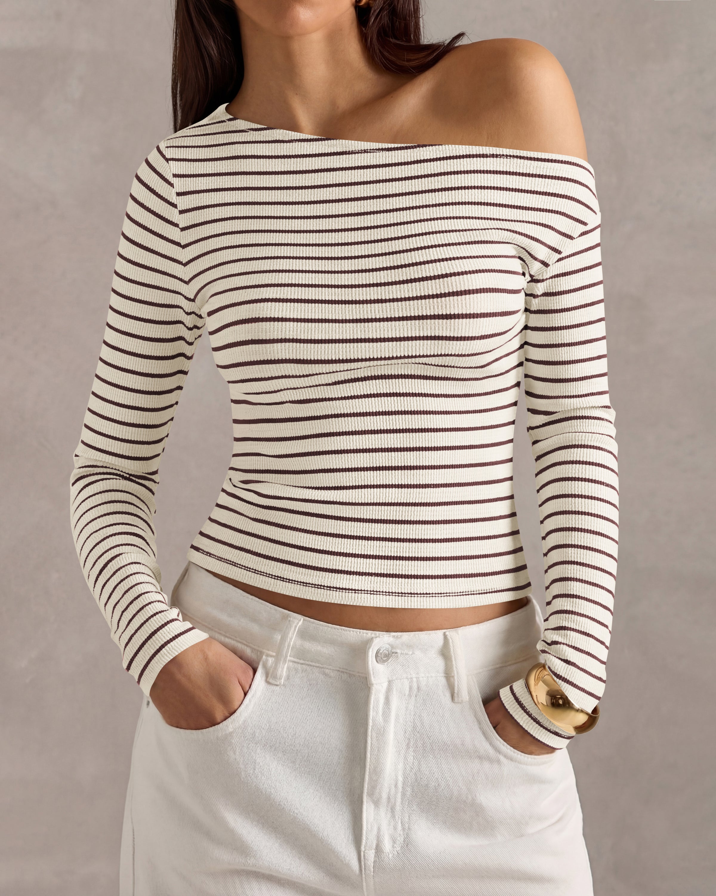 PRETTYGARDEN Womens Tops 2026 Fall Off The Shoulder Long Sleeve Shirts Striped Fitted Y2K T-Shirt Going Out Crop Top