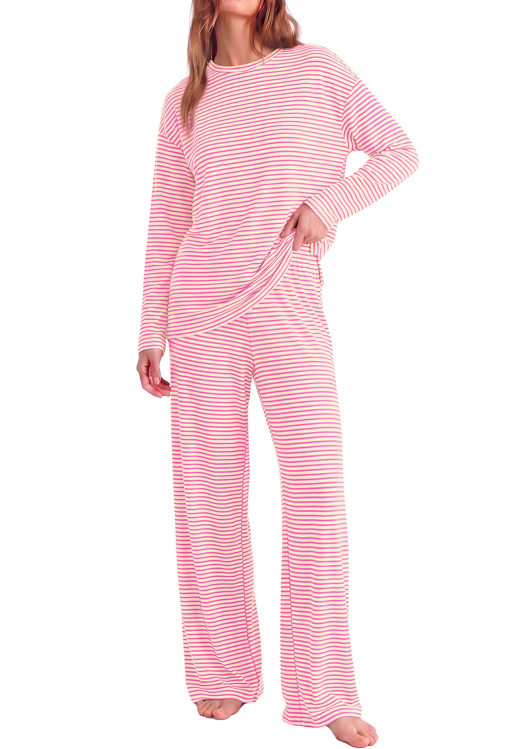 PRETTYGARDEN Womens Striped Lounge Set Fall Winter 2 Piece Sets | Side Slit Long Sleeve T-Shirts & Wide Leg Pants, Matching Pajama Sets, Comfy Pj Set, Loungewear with Pockets, Fashion Clothes