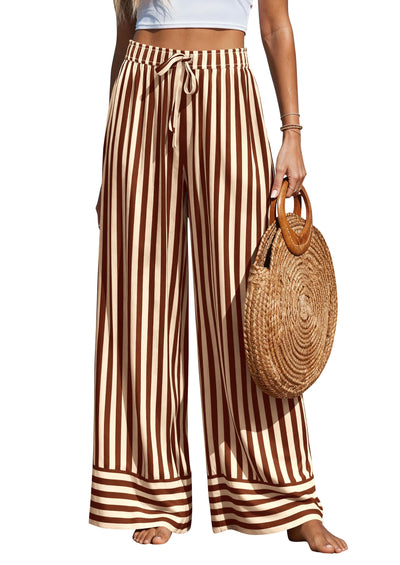 PRETTYGARDEN Womens Palazzo Pants 2026 Summer Striped Wide Leg Trousers Elastic Waist Flowy Lounge Pant Pockets