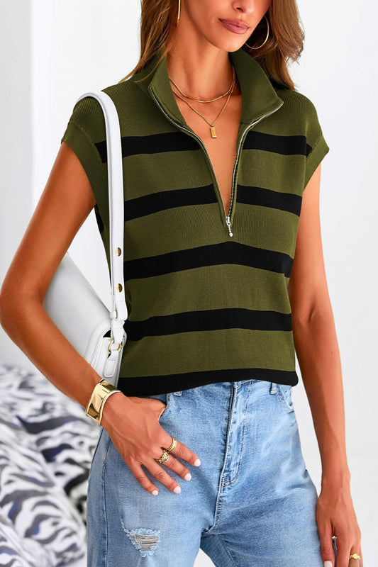 Summer Casual 1/2 Zip Cap Sleeve V Neck Striped Knit Tops