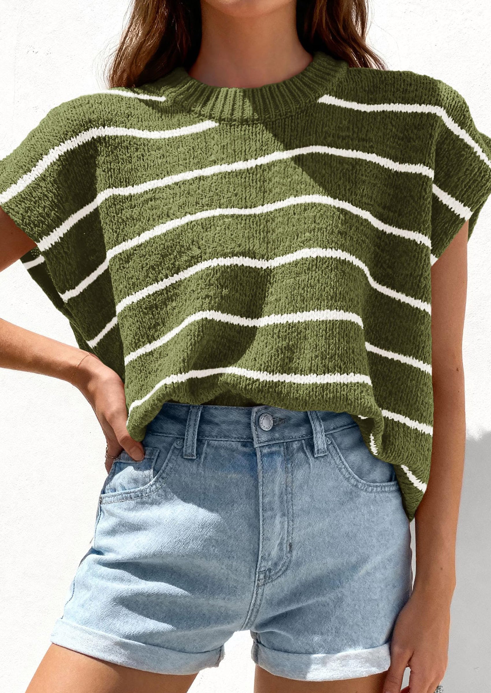 PRETTYGARDEN Womens Summer Short Sleeve Tops Trendy Crew Neck Striped Knit Sweater Business Casual Spring Clothes PRETTYGARDEN