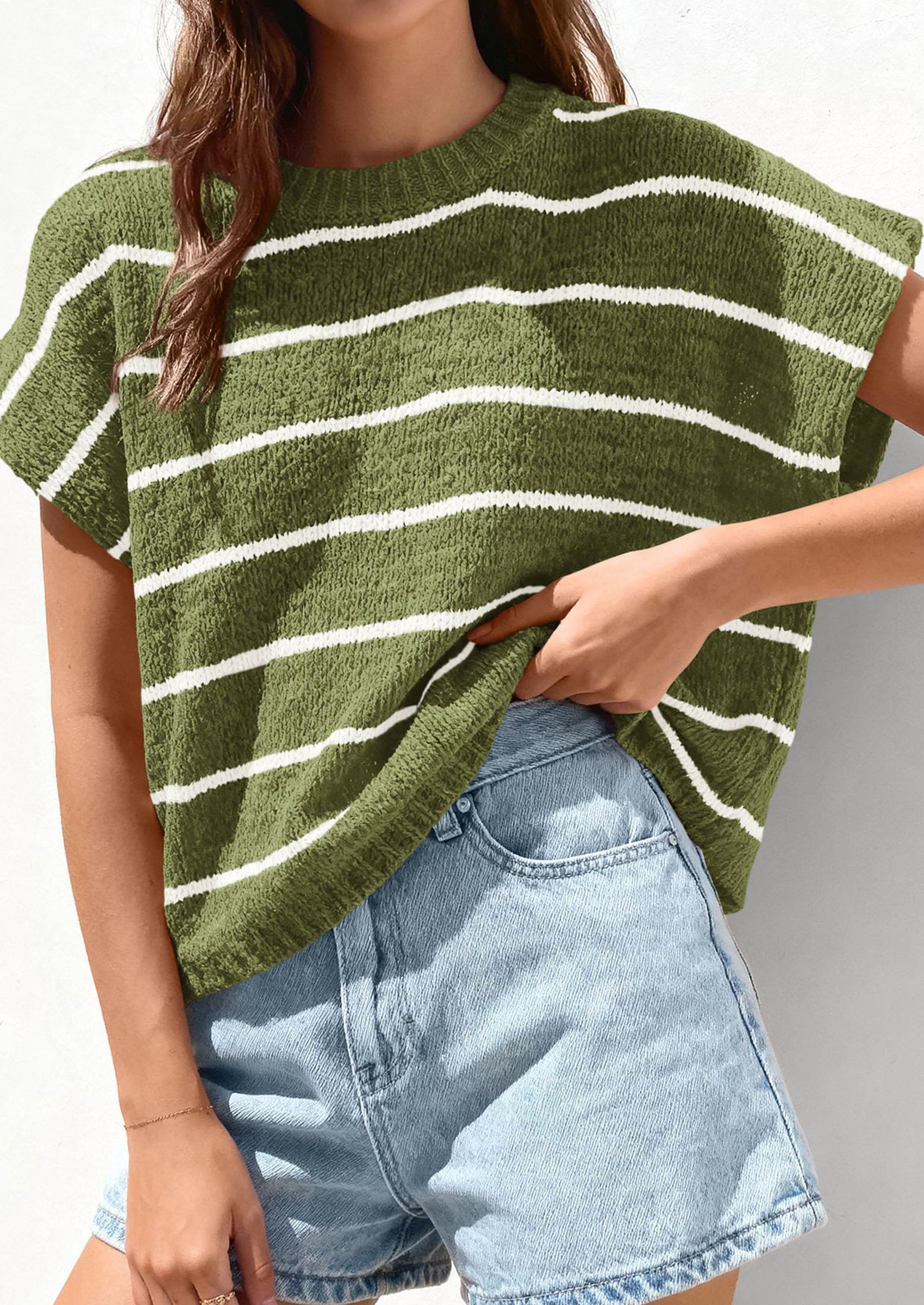 PRETTYGARDEN Womens Summer Short Sleeve Tops Trendy Crew Neck Striped Knit Sweater Business Casual Spring Clothes PRETTYGARDEN