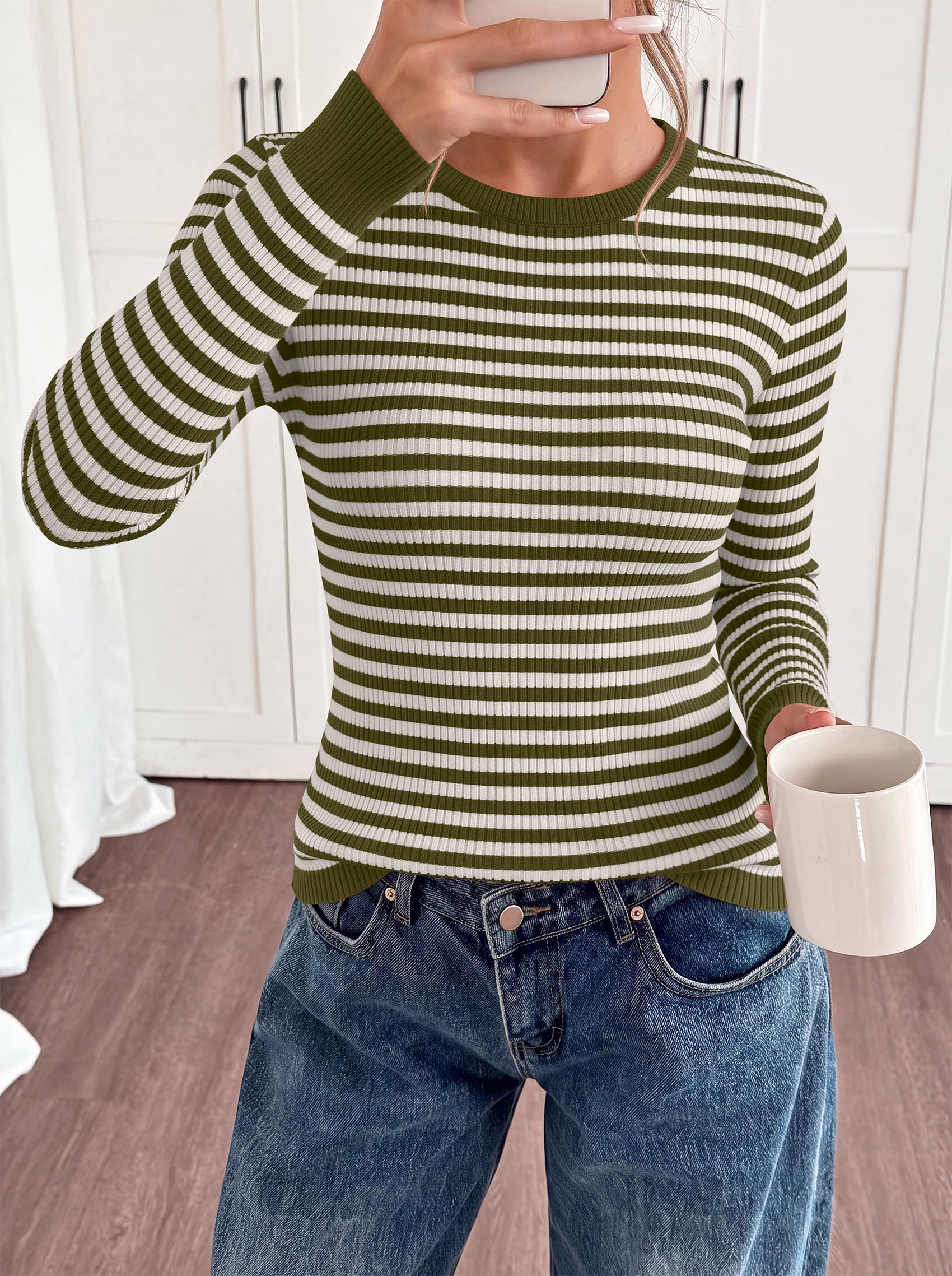 PRETTYGARDEN Womens Long Sleeve Striped Fitted Sweater Tops  | Crewneck Color Block Fall Sweaters, Stretchy Ribbed Knit Tops, Slim Fit Shirts for Going Out, Business Casual, Trendy Clothes