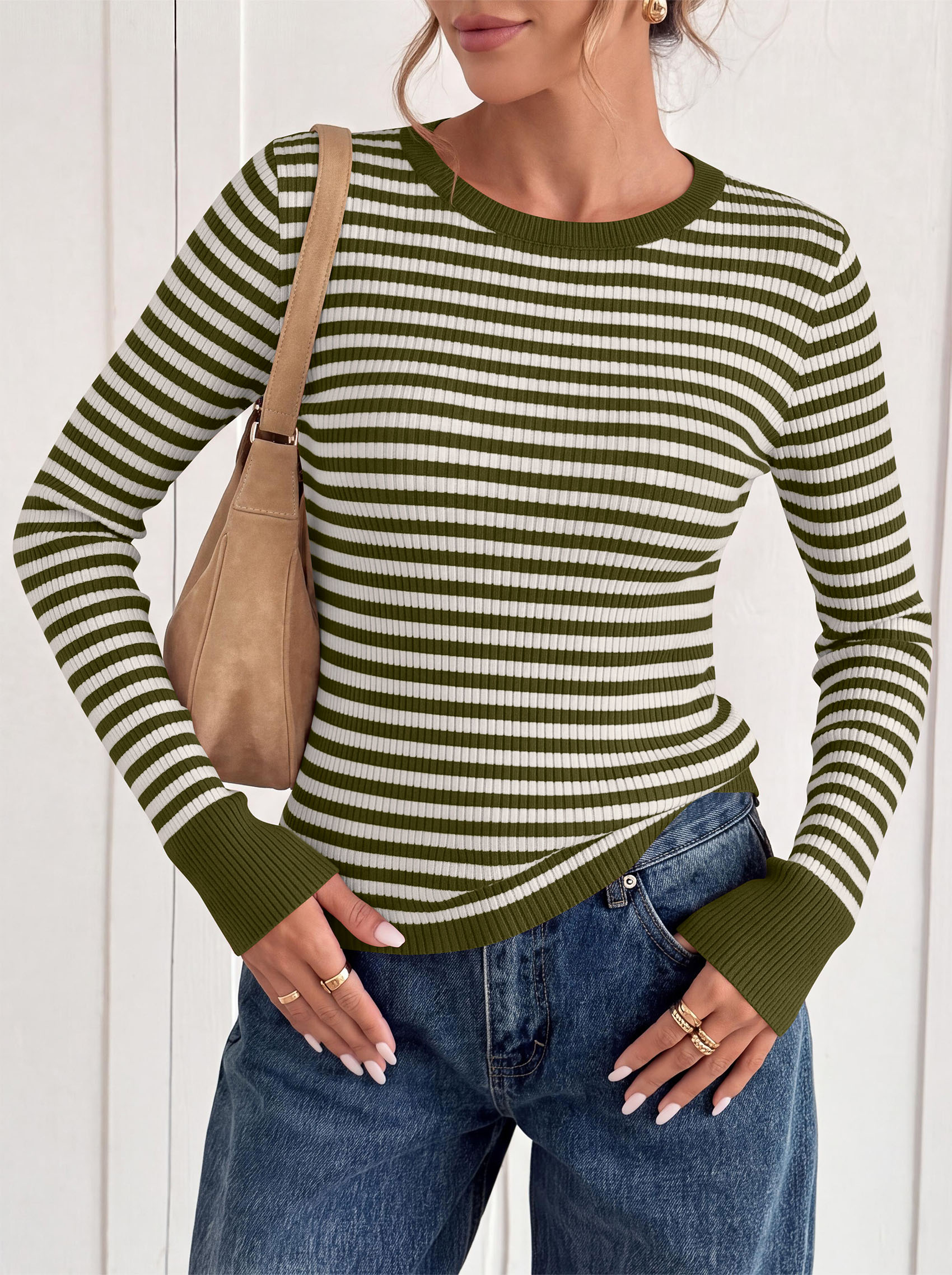 PRETTYGARDEN Womens Long Sleeve Striped Fitted Sweater Tops  | Crewneck Color Block Fall Sweaters, Stretchy Ribbed Knit Tops, Slim Fit Shirts for Going Out, Business Casual, Trendy Clothes