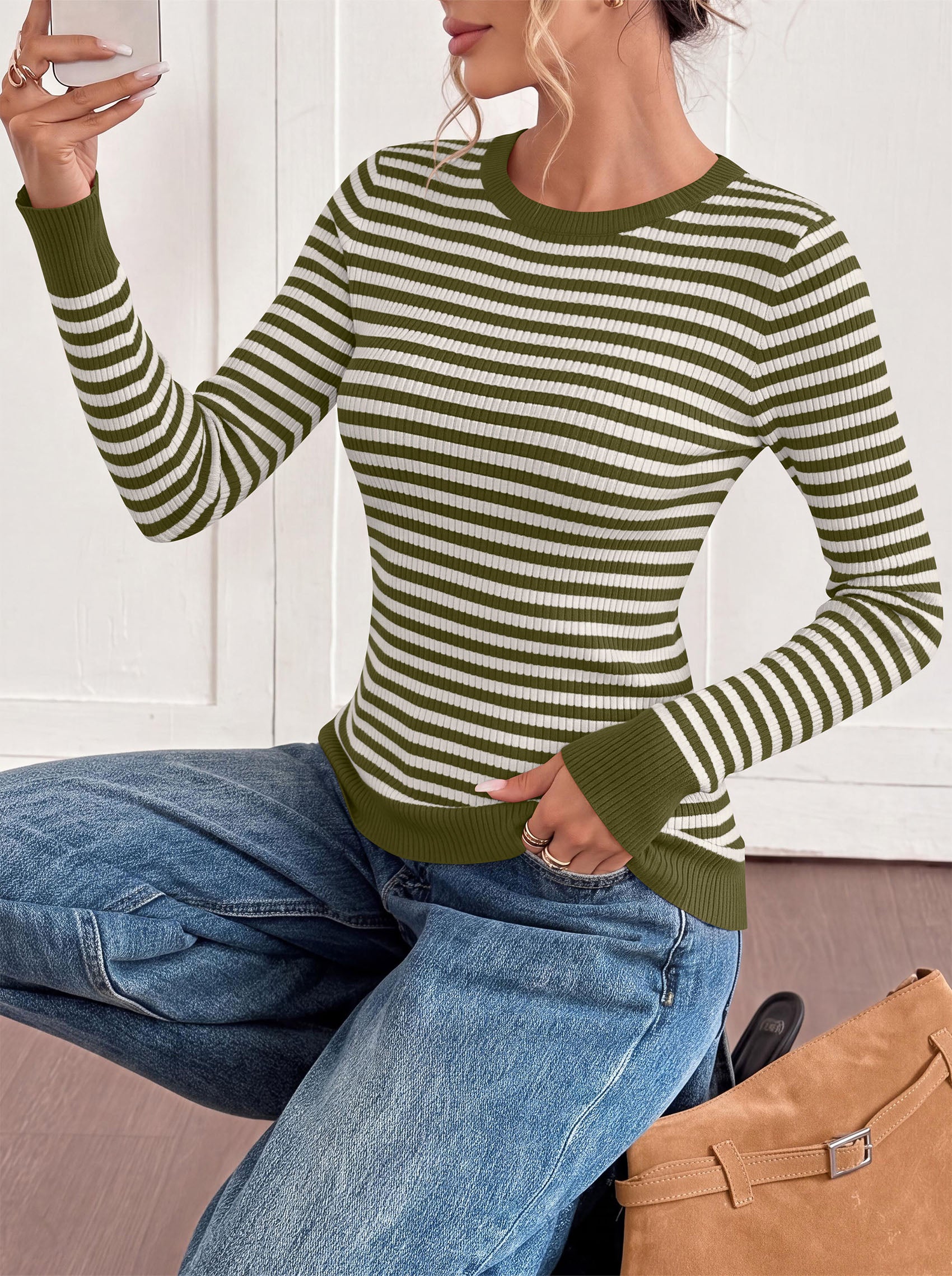 PRETTYGARDEN Womens Long Sleeve Striped Fitted Sweater Tops  | Crewneck Color Block Fall Sweaters, Stretchy Ribbed Knit Tops, Slim Fit Shirts for Going Out, Business Casual, Trendy Clothes