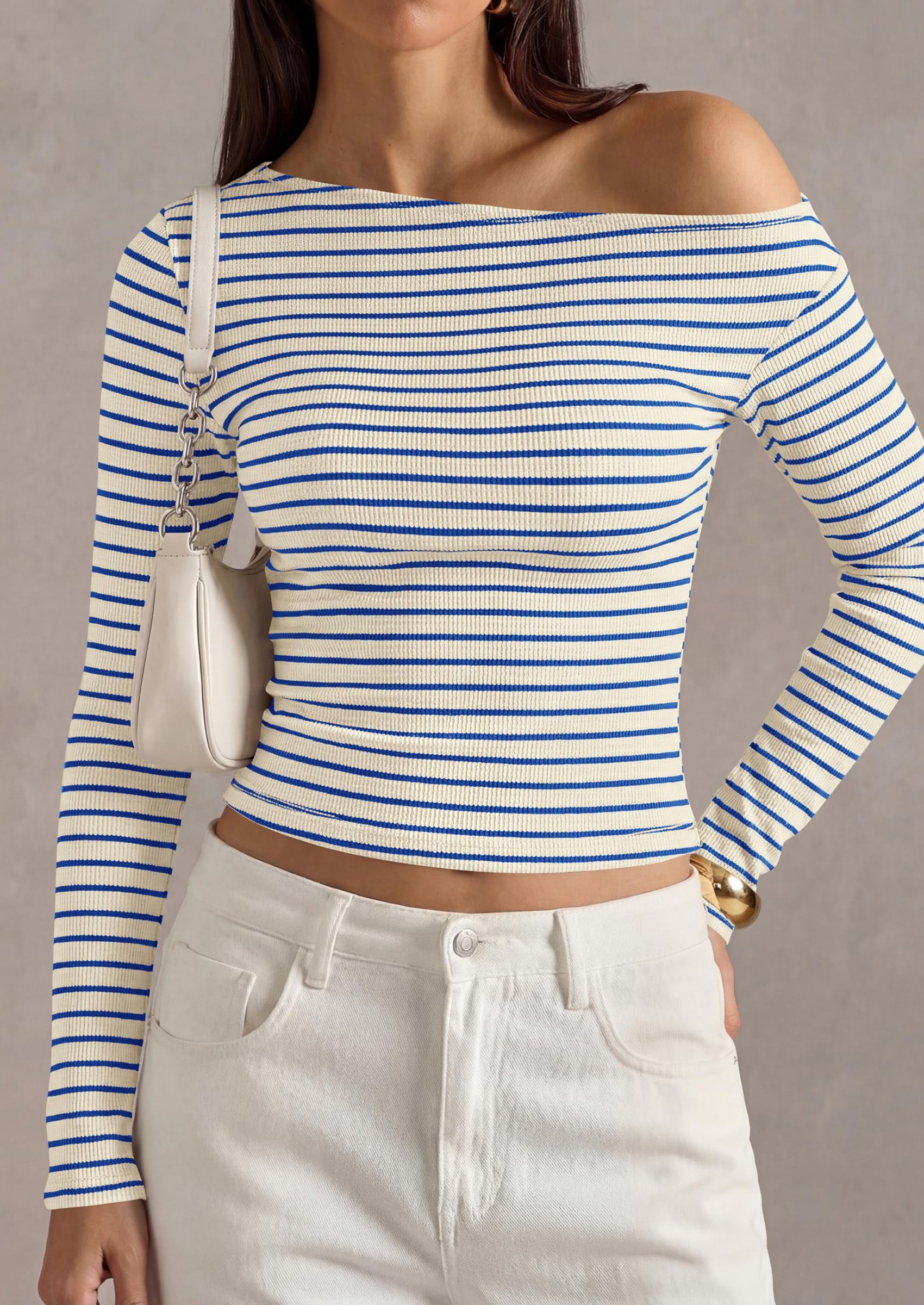 PRETTYGARDEN Womens Tops Fall Off The Shoulder Long Sleeve Shirts Striped Fitted Y2K T-Shirt Going Out Crop Top