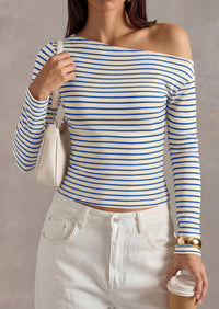 PRETTYGARDEN Womens Tops Fall Off The Shoulder Long Sleeve Shirts Striped Fitted Y2K T-Shirt Going Out Crop Top