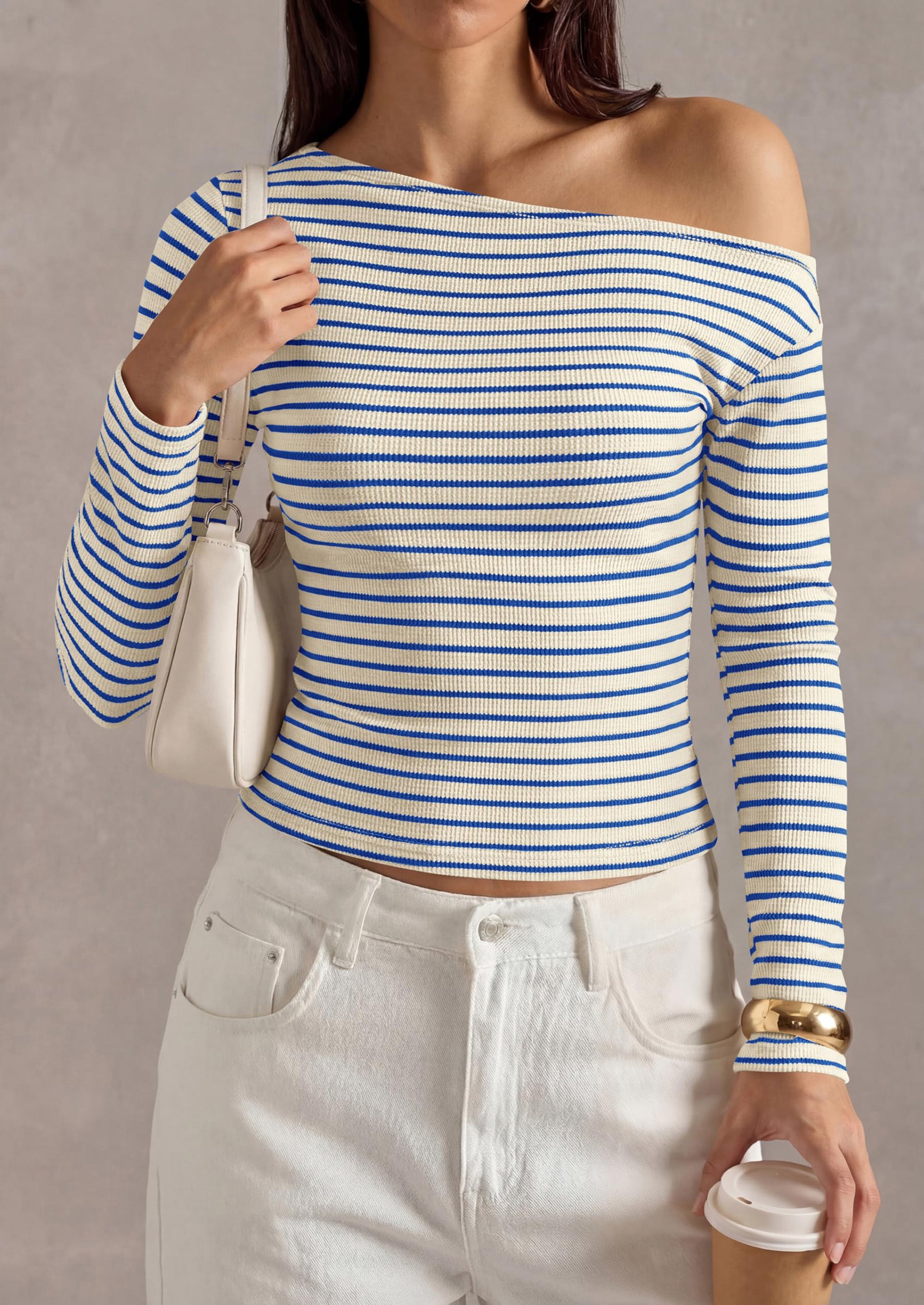 PRETTYGARDEN Womens Tops Fall Off The Shoulder Long Sleeve Shirts Striped Fitted Y2K T-Shirt Going Out Crop Top
