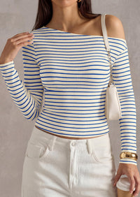 PRETTYGARDEN Womens Tops Fall Off The Shoulder Long Sleeve Shirts Striped Fitted Y2K T-Shirt Going Out Crop Top