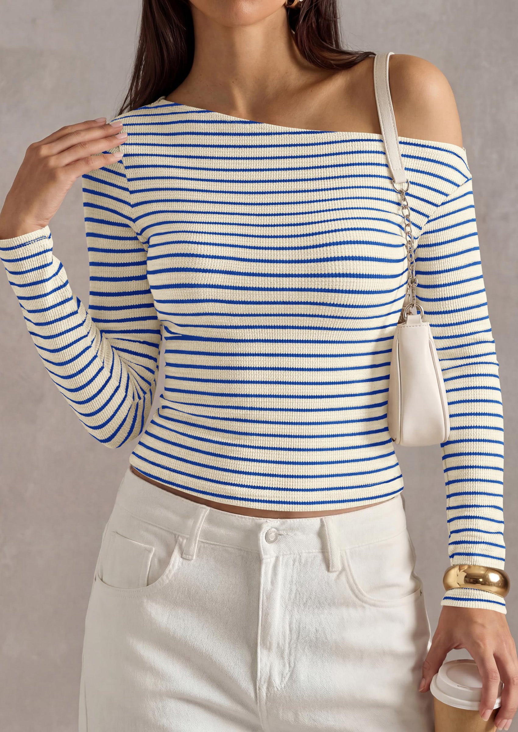 PRETTYGARDEN Womens Tops Fall Off The Shoulder Long Sleeve Shirts Striped Fitted Y2K T-Shirt Going Out Crop Top
