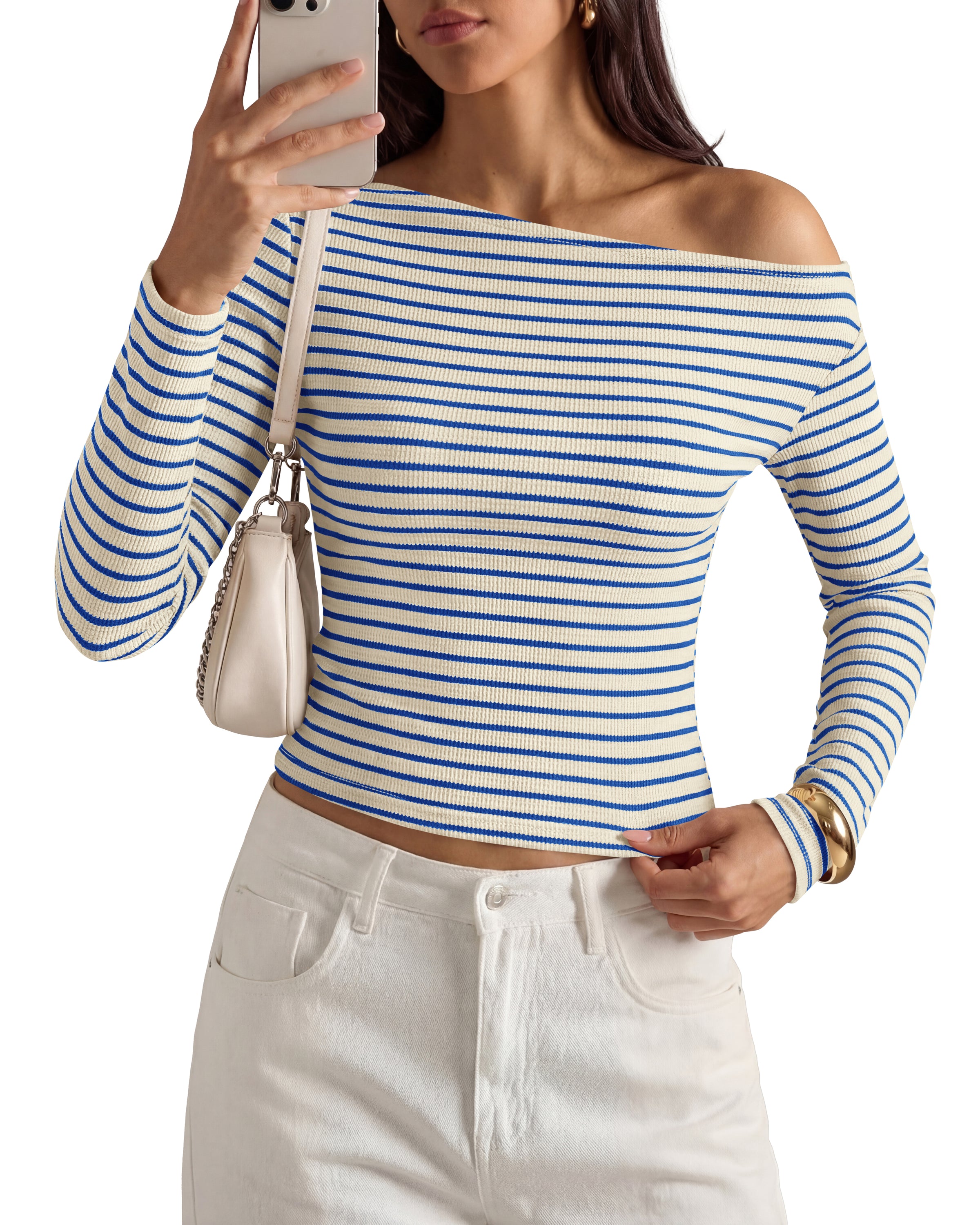 PRETTYGARDEN Womens Tops 2026 Fall Off The Shoulder Long Sleeve Shirts Striped Fitted Y2K T-Shirt Going Out Crop Top