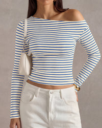 PRETTYGARDEN Womens Tops 2026 Fall Off The Shoulder Long Sleeve Shirts Striped Fitted Y2K T-Shirt Going Out Crop Top