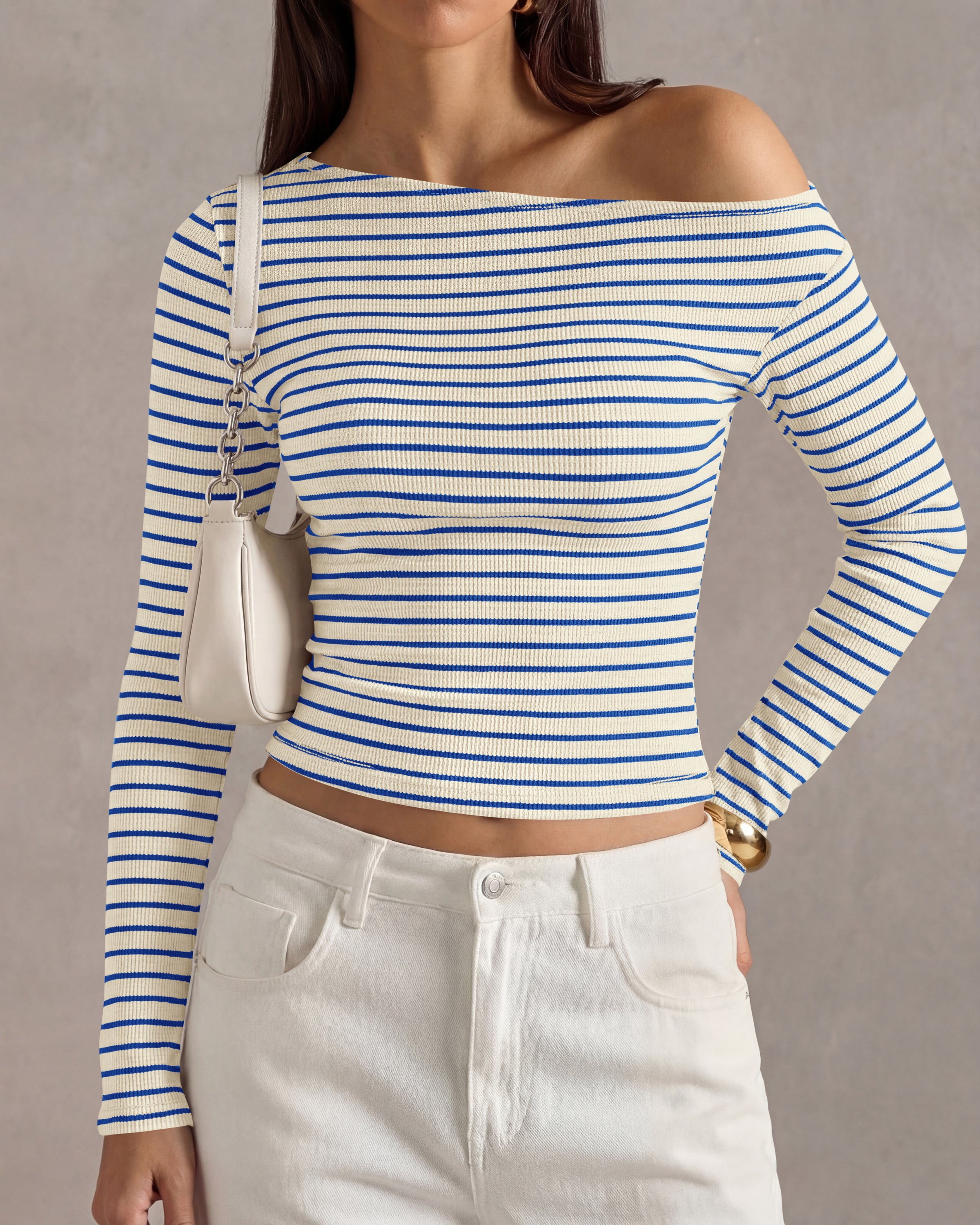 PRETTYGARDEN Womens Tops 2026 Fall Off The Shoulder Long Sleeve Shirts Striped Fitted Y2K T-Shirt Going Out Crop Top