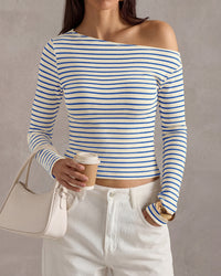 PRETTYGARDEN Womens Tops 2026 Fall Off The Shoulder Long Sleeve Shirts Striped Fitted Y2K T-Shirt Going Out Crop Top
